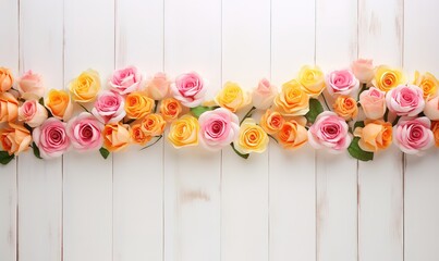 A beautiful, simple, luxurious arrangement of colorful roses, on a white wooden wall background