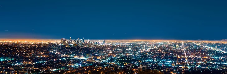 Afwasbaar Fotobehang Verenigde Staten Aerial view of Downtown Los Angeles at night