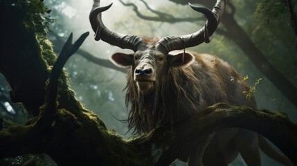 A large horned animal standing in the middle of a forest. Generative AI. - obrazy, fototapety, plakaty