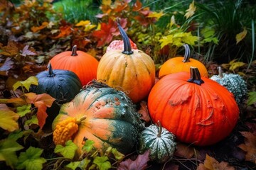 Pumpkins amidst vibrant autumn leaves. Generative AI