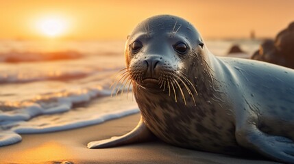 Obraz premium A seal laying on the beach at sunset. Generative AI.