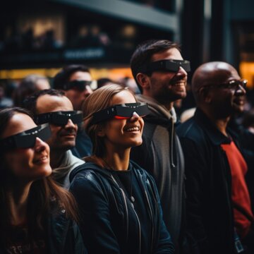 A group of people wearing blindfolds in a crowd. Generative AI.