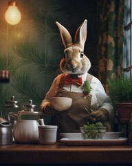 A rabbit dressed in a chef"s uniform preparing food. Generative AI.