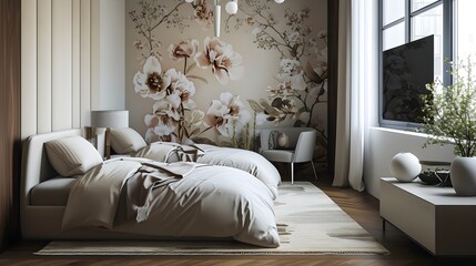 realistic photo of a modern bed room with a minimalist concept, with abstract floral wall decoration