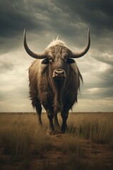 A large bull standing on top of a grass covered field. Generative AI.