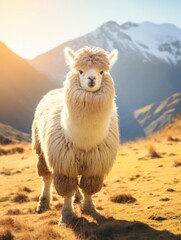A white llama standing on top of a grass covered field. Generative AI.