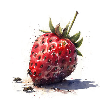 Illustration of a strawberry fruit starting to rot surrounded by fruit flies colored using watercolors