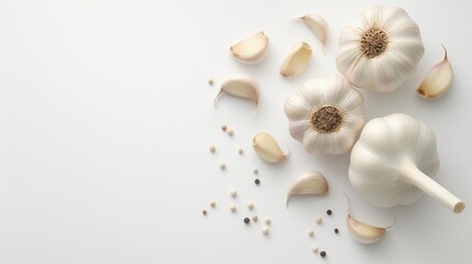 Garlic on white background. Top view. Flat lay. Copy space.