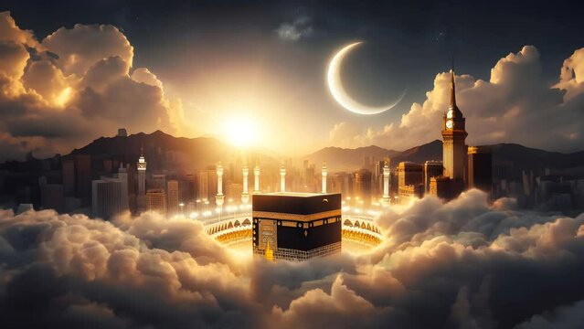 The Ramadan Crescent rises in the Kaaba. Seamless looping 4K video animation background