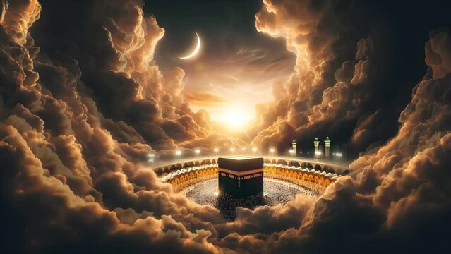 The Ramadan Crescent rises in the Kaaba. Seamless looping 4K video animation background