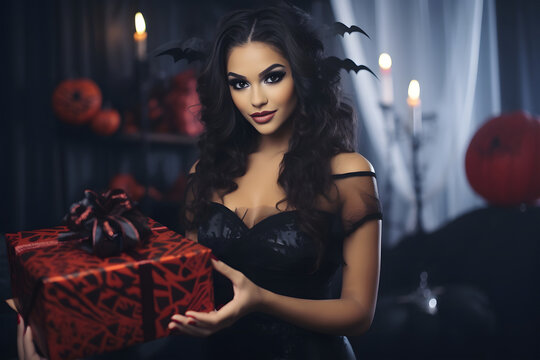 Halloween photo, a mysterious woman stands amidst the dimly lit surroundings. Halloween gift box party