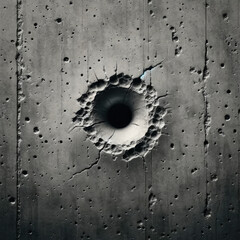 a single bullet hole in a weathered cement wall