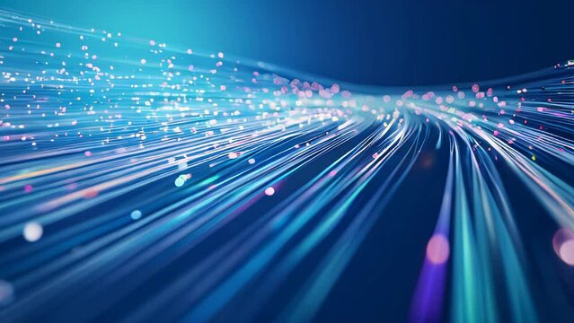 A network of fiber optics expanding against a blue background, with countless points of light stretching out as lines, symbolizing the flow of information.
