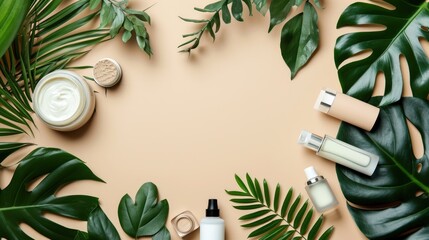 Skincare items laid out with green tropical monstera leaves on a beige background