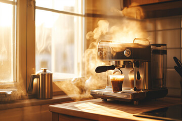 A drip coffee machine, mid-brew, with steam gently rising from the spout. Placed on a wooden kitchen counter, surrounded by morning sunlight streaming through a window.