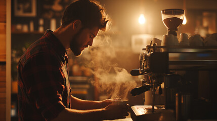 Barista Preparing Coffee in a Warm Lit Cafe