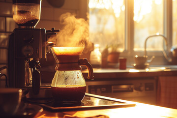 A drip coffee machine, mid-brew, with steam gently rising from the spout. Placed on a wooden kitchen counter, surrounded by morning sunlight streaming through a window. - obrazy, fototapety, plakaty