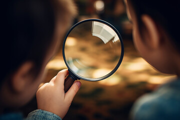 Children detective looking magnifying glass in hand on garden. Learning experience. boy studying of surroundings or biology. Imagination and inspiration. Copy space. Soft focus and blurred background.