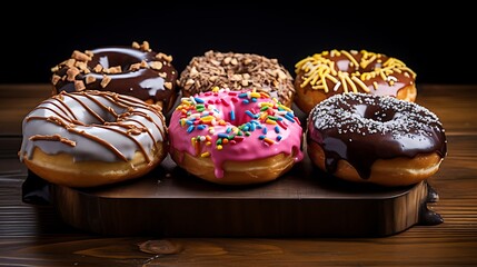 assorted donuts with chocolate, pink glazed and sprinkles donuts.