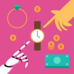 Online Pawnshop. Artificial intelligence works in a pawn shop. Flat vector illustration.