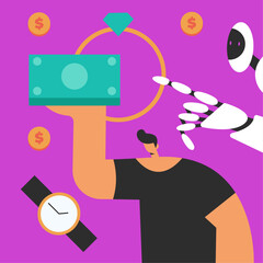 Online Pawnshop. Artificial intelligence works in a pawn shop. Flat vector illustration.