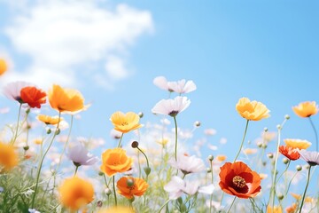 Obraz premium Colorful cosmos flowers with blue sky background