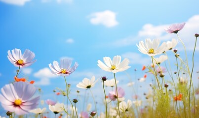 Field of cosmos flowers with blue sky and white clouds. Spring nature background