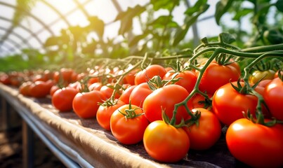 Ripe red tomatoes growing on the vine in a greenhouse on a sunny day - obrazy, fototapety, plakaty