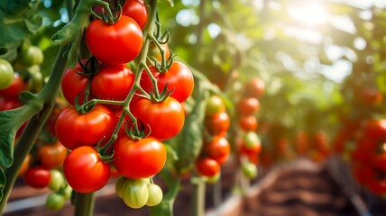 Ripe red cherry tomatoes on a branch in a greenhouse. Close-up - obrazy, fototapety, plakaty