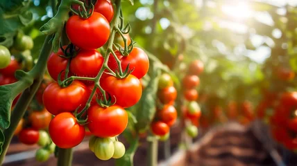 Fotobehang Ripe red cherry tomatoes on a branch in a greenhouse. Close-up © MahmudulHassan