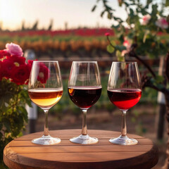 Three glasses with white rose and red wine