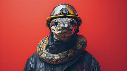 Person with Snake on Head Holding Fire Department Helmet - obrazy, fototapety, plakaty