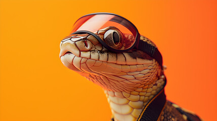 Curious Snake Wearing Goggles on Orange Background - obrazy, fototapety, plakaty