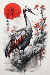 Elegance in Ink: A Majestic Crane Amidst Autumn Leaves, Digital Art