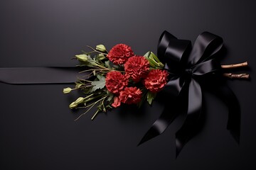 Black funeral ribbon with dark background and carnation embellishments