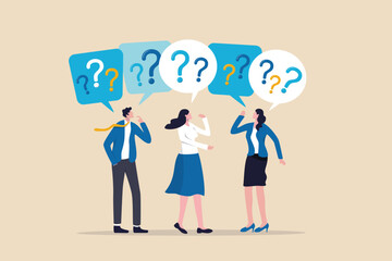 Ask questions for help or solution, confusion, doubt or query for answer and information, business discussion to solve problem concept, business people employee ask questions with question mark signs. - 722676393