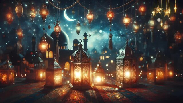 islamic lantern in the night fantasy ramadan. Seamless looping 4K virtual video animation background