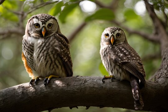 Pair of Spotted Owls Perched in Lush Forest, Staring Ahead