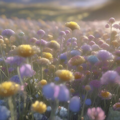 Fototapeta na wymiar Field of pastel wildflowers with morning sunlight. 