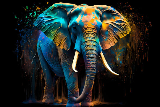 photo an elephant painted with multicolored paint on black background