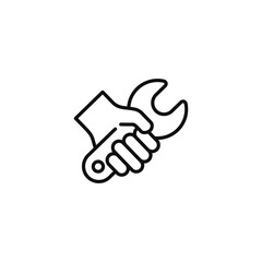 Hand holding wrench line icon isolated on transparent background