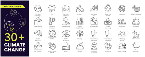 Climate change Stroke icon set. Containing global warming, greenhouse, melting ice, earth pollution and disaster icons. Editable stroke line icon set.