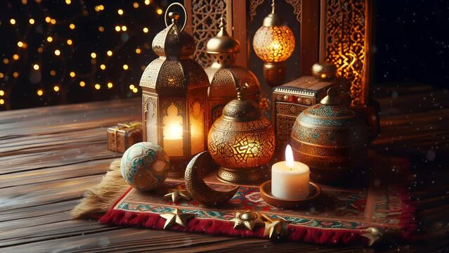 ramadan decoration with arabic lantern and candle in the night. Seamless looping 4K virtual video animation background