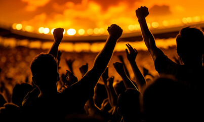 silhouette of crowd fans concert or sport cheering.
