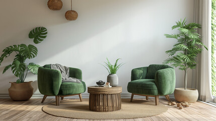 Home interior mock-up with green armchairs table. Generative AI