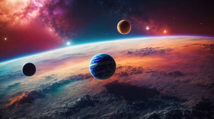 Naklejka na ściany i meble Bright Space background with colorful planet