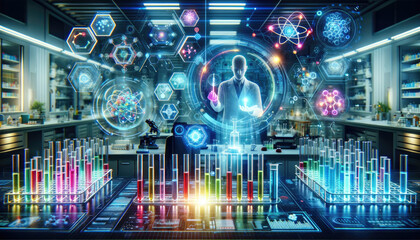 In a high-tech laboratory, a scientist interacts with a sophisticated holographic interface displaying molecular structures and scientific data.