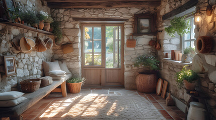 Rustic, Entryway, Antique Console, Wood, Stone, Close-up, Earthy Palette, Vintage, Pendant Lights, Countryside, Morning, Cozy, Rustic