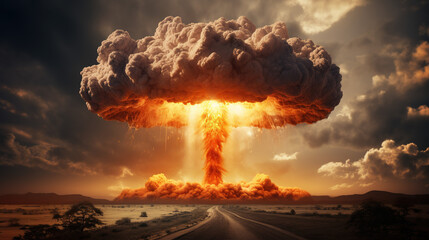 Nuclear explosion of an atom bomb with a mushroom cloud