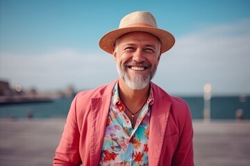 Portrait of a happy senior man with hat on the promenade - obrazy, fototapety, plakaty
